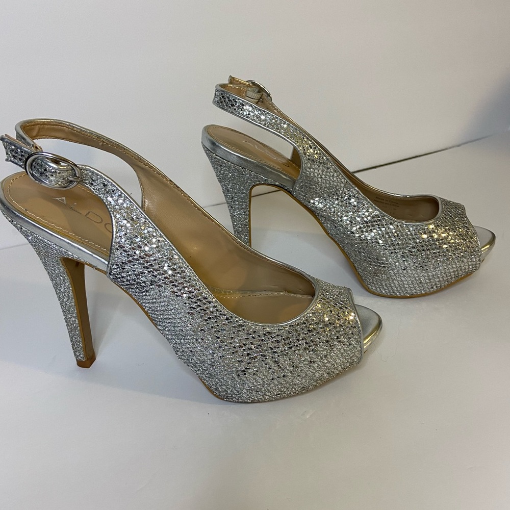 Aldo Silver Glitter Peep Toe Strappy Heels Size 7
